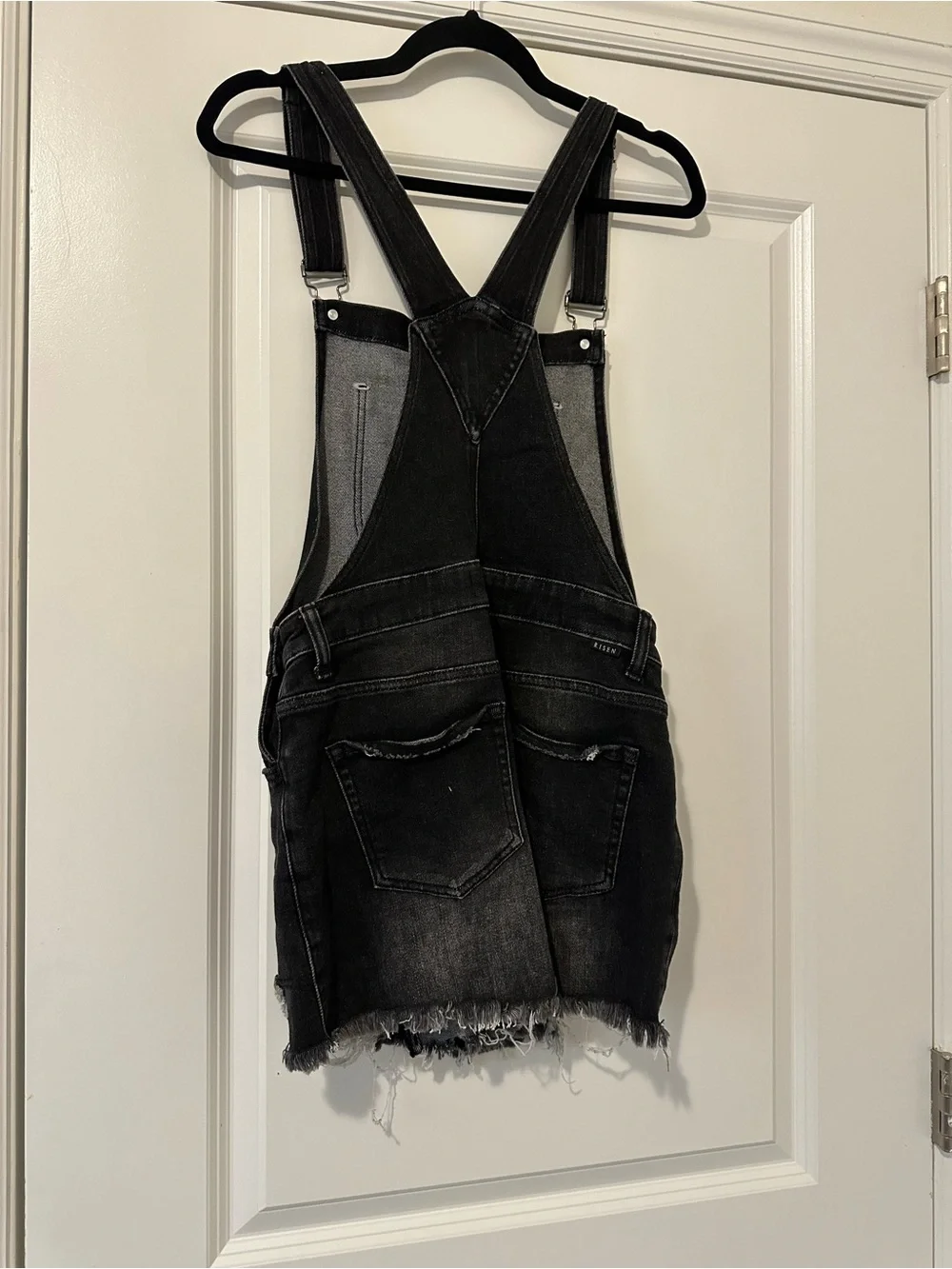 RISEN Black Distressed Denim Short Overalls